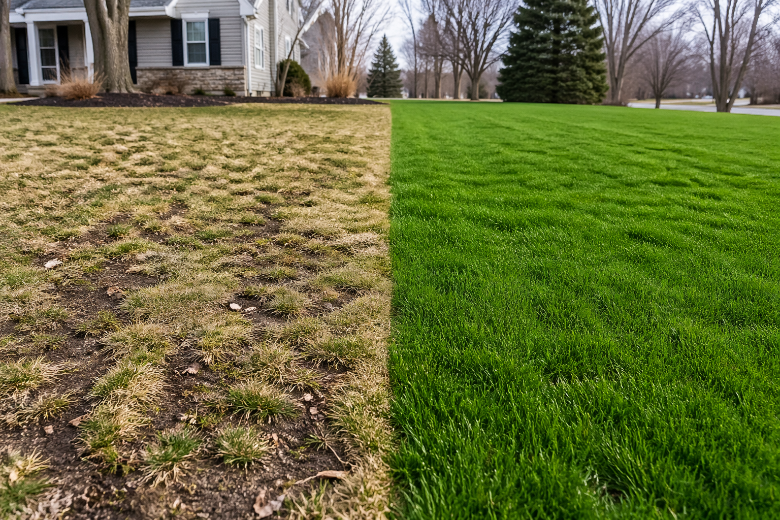 A split-image showing a patchy, thin lawn with brown spots and uneven growth next to a thick, healthy green lawn in an early spring residential neighborhood in Michigan